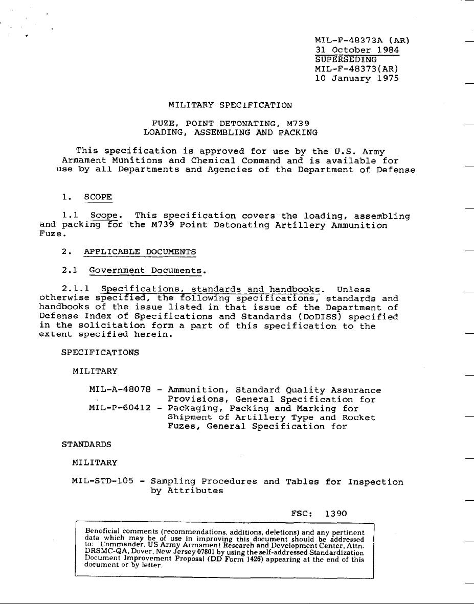 MIL-F-48373 Fuze, Point Detonating, M739 Loading, Assembling And Packing